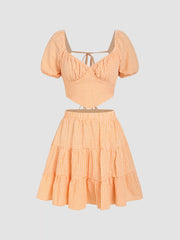 Sweetheart Backless Puff Sleeve Crop Top & Ruffle Hem Mini Skirt