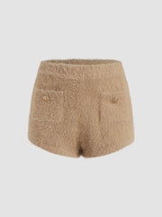 Middle Waist Solid Button Knitted Shorts
