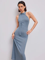 Knit Halter Neckline Solid Ruffle Hem Midi Dress