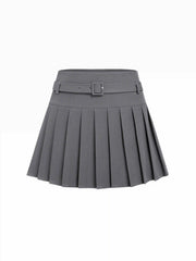 Mid Rise Pleated A-line Mini Skirt With Belt