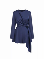 Satin Round Neckline Ruched Draped Micro Romper