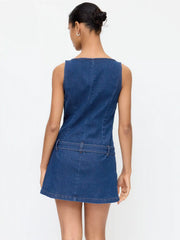 Denim High Rise Metal Button Belted Bodycon Mini Dress