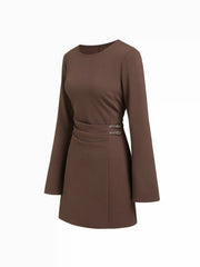 Round Neckline Side Belted Pleated Bell Sleeve Mini Dress