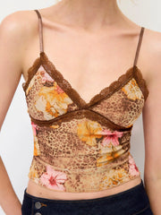 Mesh Leopard & Floral Graphic Lace Trim Cami Top
