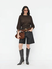Knit Round Neck Lantern Sleeve Oversized Top