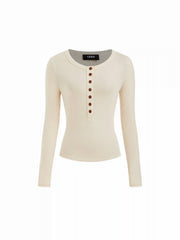 Wool-blend Round Neckline Button Long Sleeve Top