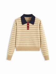 Knit Polo Collar Stripe Contrast Binding Long Sleeve Top