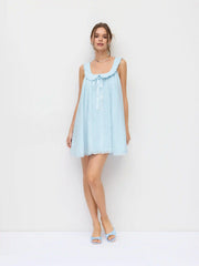 Cotton-blend Scoop Neck Bowknot Oversized Babydoll Mini Dress