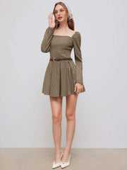Square Neck Checks Pleated Mini Dress With Belt