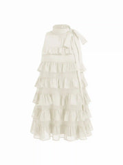 Stand Collar Ruffled Bowknot Tiered Mini Dress