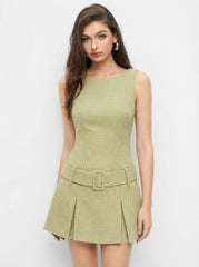 Boat Neck Houndstooth Mini Dress With Belt