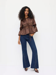 Round Neckline Lace Lettuce Trim Tie Front Blouse