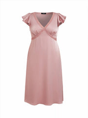 Satin V-neck Ruffle Sleeve Lace Panel Slip Midi Dress Curve & Plus