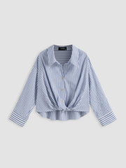 Cotton-blend Collar Striped Knotted Roll-up Long Sleeve Shirt Curve & Plus