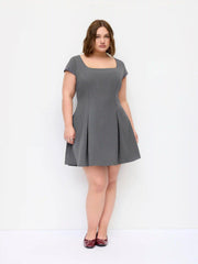 Woven Square Neck Pleated A-line Mini Dress Curve & Plus