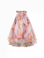 Chiffon Floral Stand Collar Sleeveless Backless Ruffle Hem Blouse