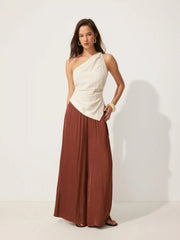 Linen-blend Asymmetrical Neck Ruched One-Shoulder Top