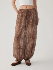 Chiffon Mid Rise Floral Paisley Drawstring Balloon Pants