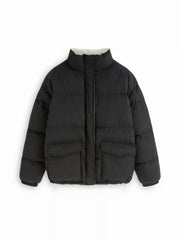 Reversible Stand Collar Colorblock Drawstring Zip Through Oversized Puffer