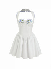 Vestido Mini de Algodão com Estampa Floral, Decote Halter, Manga Curta, Bordado e Laço