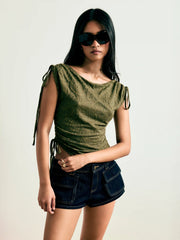 Jacquard Boat Neck Drawstring Ruched Asymmertrical Top