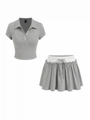 Cotton-blend Polo Neck Crop Top & Low Rise Ruffle Mini Skirt Set