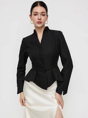 V-neck Button Split Peplum Long Sleeve Jacket