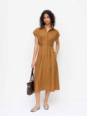 Cotton-blend Collar Cinched Waist Shirt Midi Dress