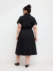 Linen-blend Polo Shirred Button Through Midi Shirt Dress Curve & Plus