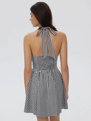 Halter Neckline Checks Lace Trim Tie Back Mini Dress