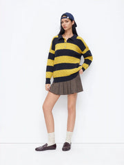 Knit Collar Striped Colorblock Button Long Sleeve Oversized Top