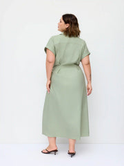 Linen-blend Short Sleeve Twist Knotted Shirt Midi Dress Curve & Plus
