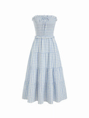 Gingham Strapless Shirred Knotted Ruffle Trim Tiered Maxi Dress