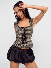 Cotton-blend Gingham Bowknot Top