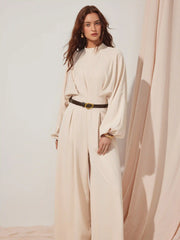 High Neck Puff Sleeve High Rise Wide Leg Jumpsuit With Belt