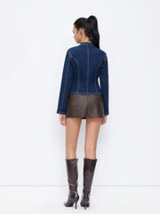 Stretch Denim Stand Collar Long Sleeve Zip Through Metal Button Split Blouse