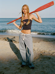 Denim Mid Rise Striped Barrel-leg Jeans with Belt
