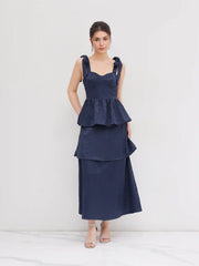 Jacquard Scoop Neckline Solid Bowknot Layered Maxi Dress