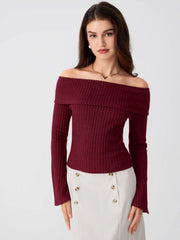 Brushed Fabric Off-shoulder Solid Long Sleeve Top