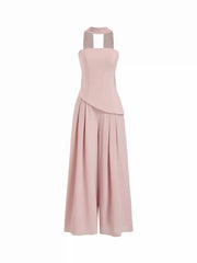 Chiffon Mid Rise Bandeau Asymmetrical Lace Up Wide Leg Jumpsuit With Scarf