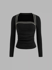 Knit Square Neck Solid Contrasting Binding Ruched Long Sleeve Top