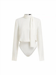 High Neck Long Sleeve Blouse Bodysuit With Scarf