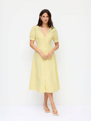 Cotton-blend Floral Graphic V-neck Lantern Sleeve Embroidery Midi Shirt Dress