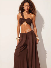 Asymmetrical Neck Ruched Top & High Rise Wide Leg Trousers Set
