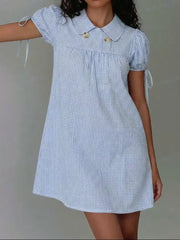 Cotton-blend Peter Pan Collar Puff Sleeve Check Smock Drawstring Mini Dress