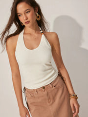 Cotton-blend Textured Asymmetrical Halter Neck Top With Bead Detail