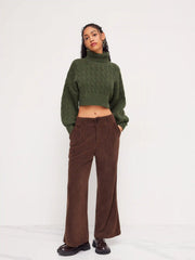 Cable Knit Turtleneck Solid Long Sleeve Crop Top