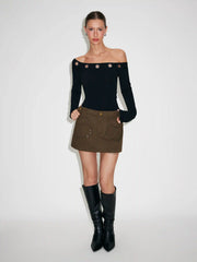 Washed Denim Low Rise Studded Pocket A-line Micro Mini Skirt
