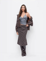 Mid Rise Plaid Half Zip Pencil Midi Skirt