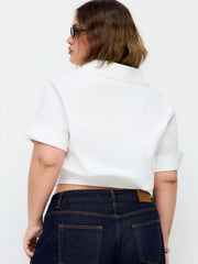 Cotton Collar Middle Sleeve Shirred Hem Shirt Curve & Plus